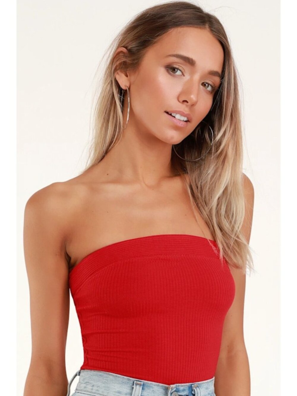 Show Me Red Ribbed Cropped Tube Top
